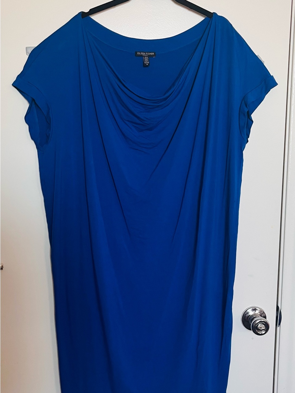 Eileen Fisher Blue Draped Neck Women's Sheath Dress Cap Sleeves Size 1X
